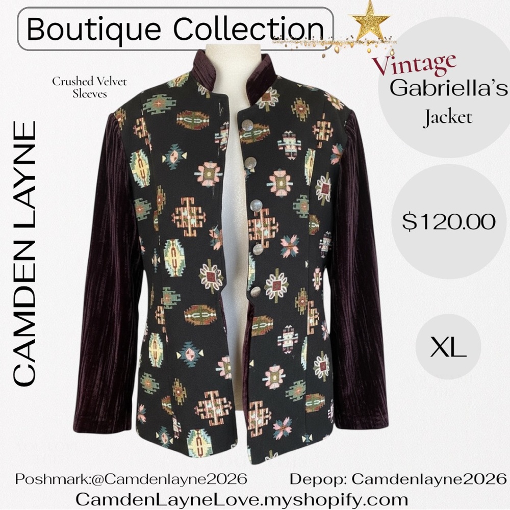 Vintage Gabriella’s Tapestry Art Needlepoint Jacket, Crushed Velvet Sleeves - Picture 4 of 13